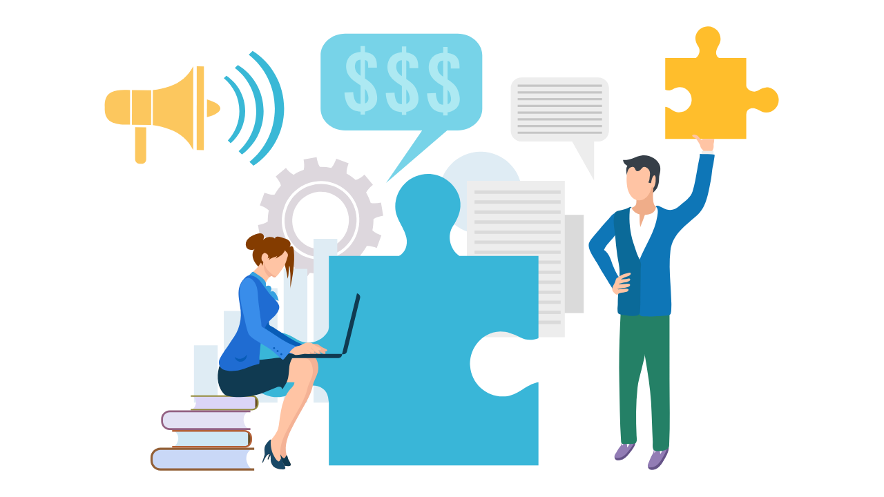 Collaboration concept with figures, puzzle pieces, and business icons, symbolizing teamwork and success.