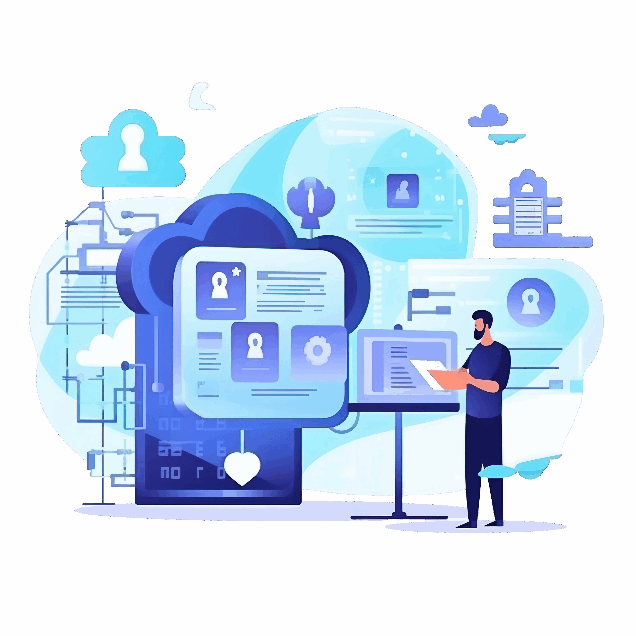 Illustration of a person analyzing cloud data security on a digital interface with key and lock icons.