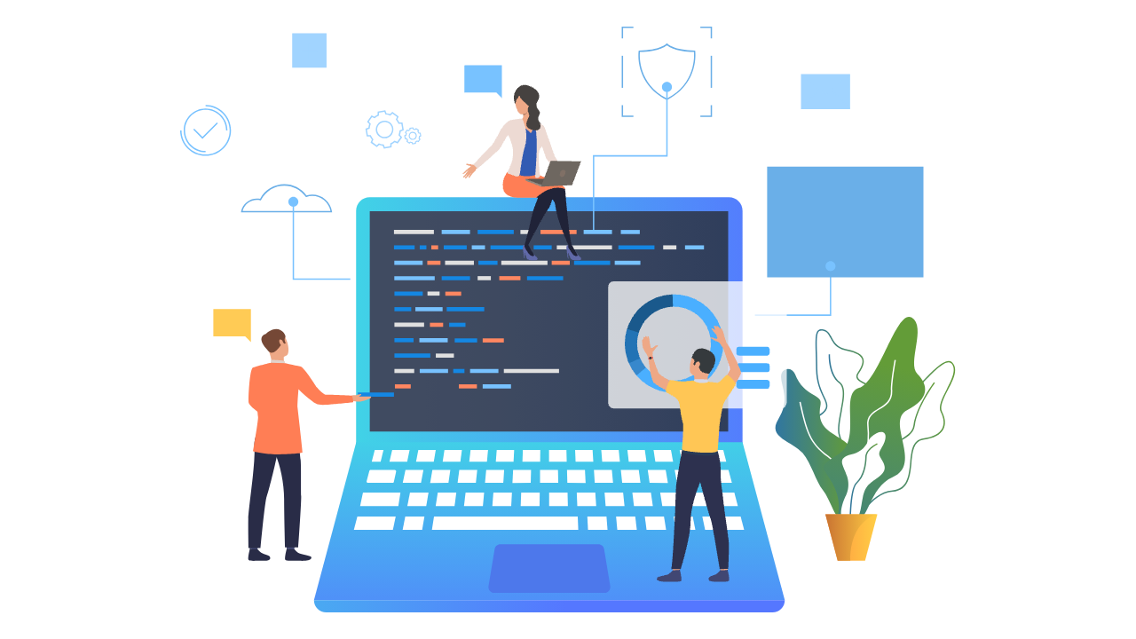Illustration of team collaborating on laptop, showcasing coding, data analysis, and digital connectivity elements.